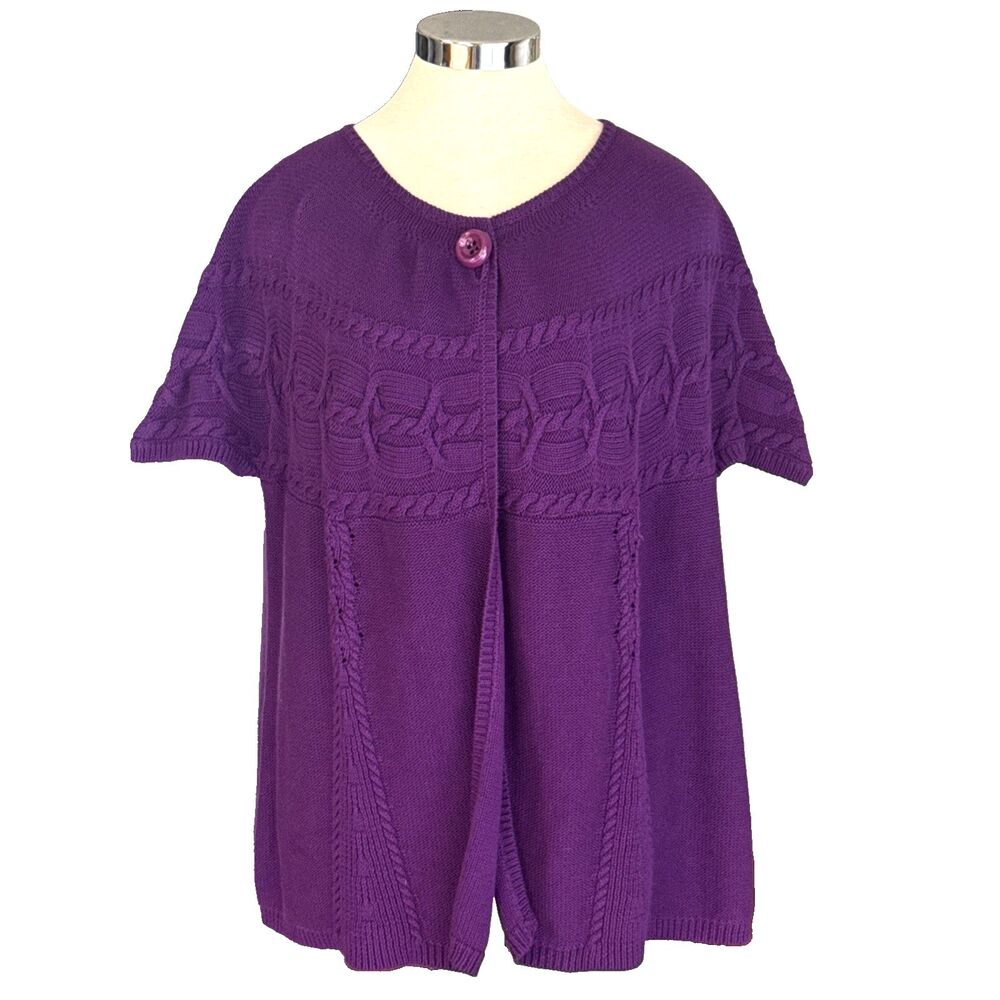 KASPER Womens 100% Cotton Purple Short Sleeve Cable Knit Cardigan Size 2X NEW